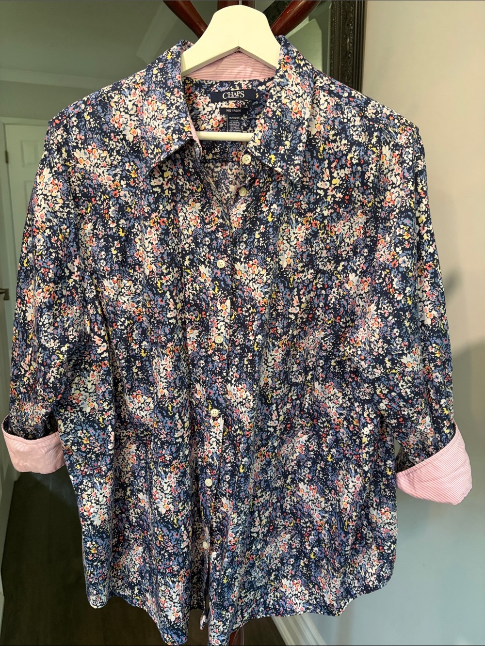 Chaps No-Iron Navy Floral Button-Down Shirt with Reversible Cuffs
